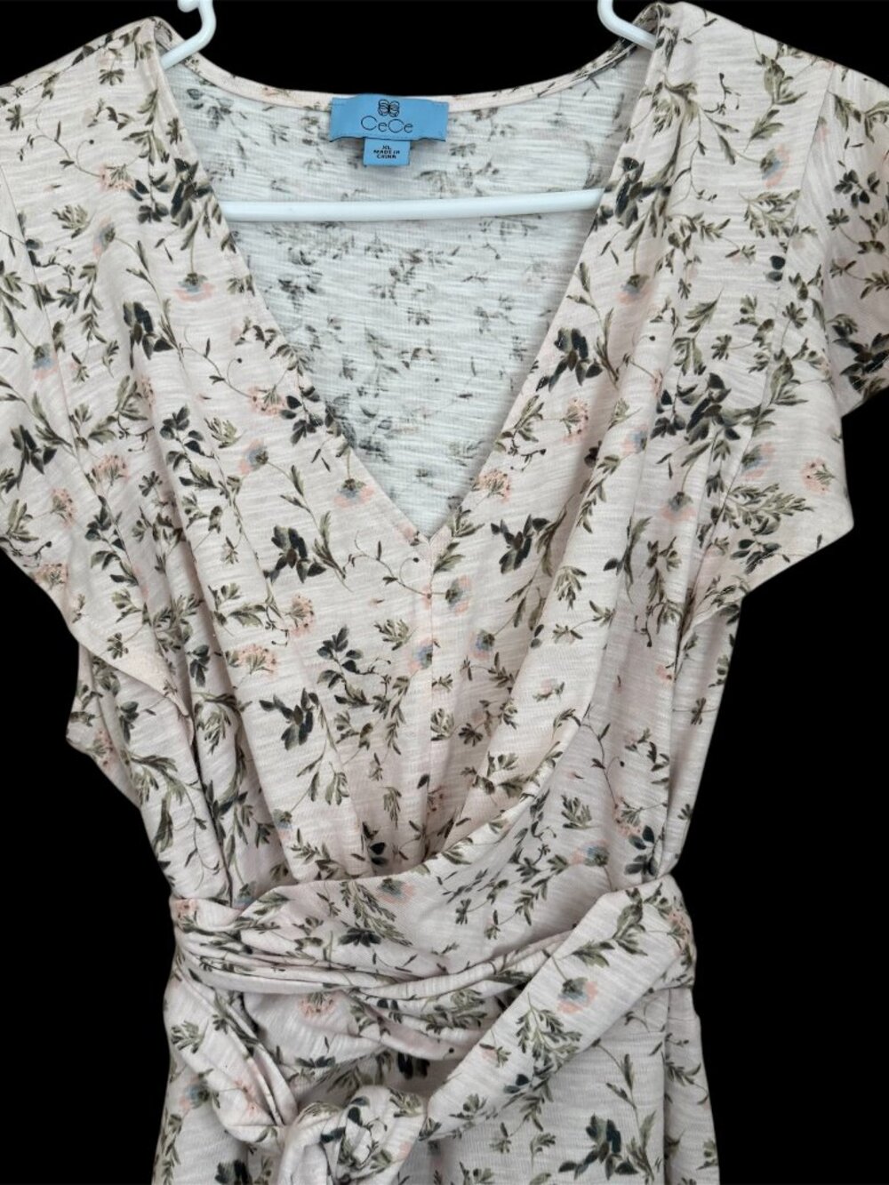 CeCe Floral Midi Dress XL Flutter Sleeve Belted Faux Wrap Boho Pink Cottagecore - Picture 3 of 8